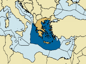 Σχήμα 4. Ελληνική ΑΟΖ, σύμφωνα με την UNCLOS. Είναι πολύ σημαντική σχετικά με το μέγεθος της στερεάς επιφάνειας (περίπου τρείς φορές).